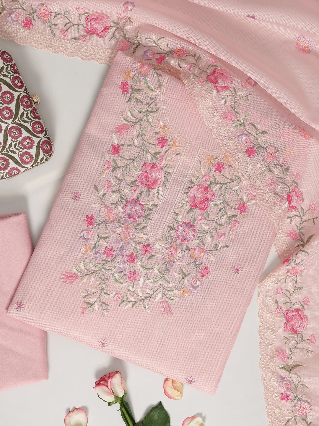 Pink Embroidered Silk blend Dress Material With Dupatta