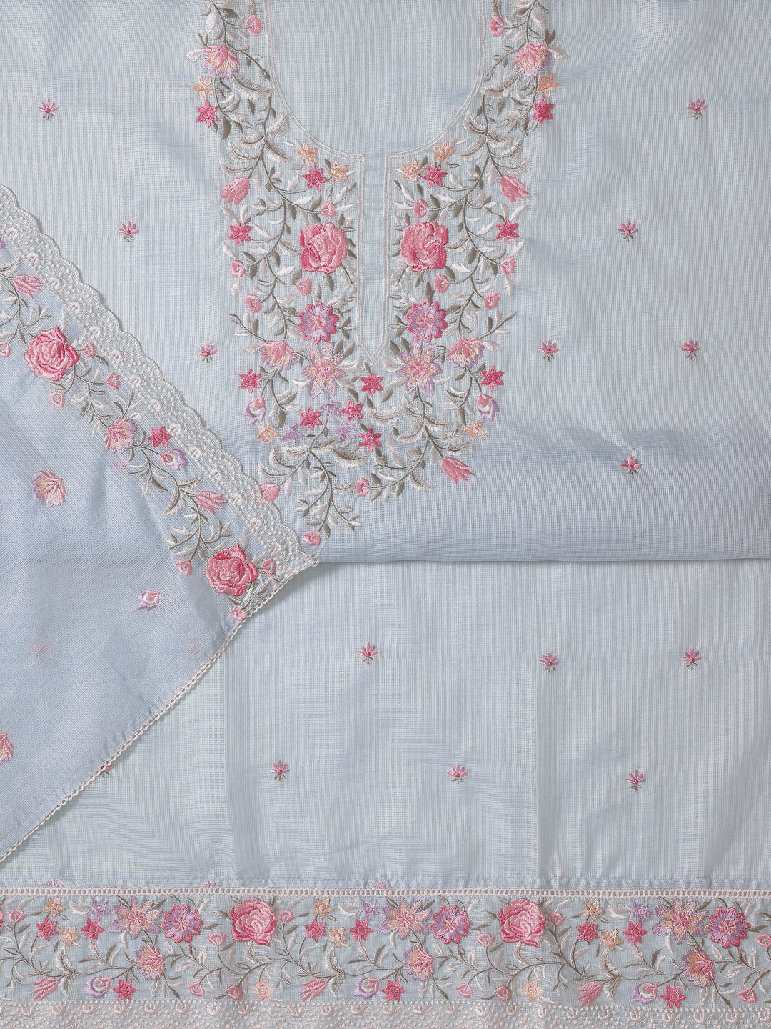 Blue Embroidered Silk blend Dress Material With Dupatta