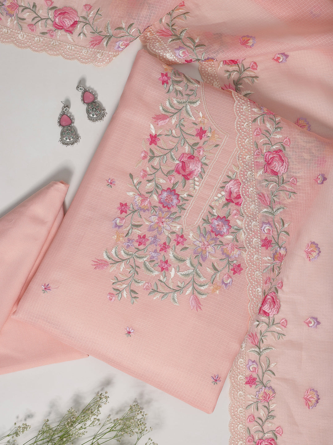 Peach Embroidered Silk blend Dress Material With Dupatta