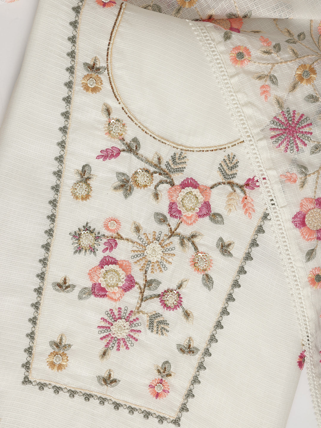 White Embroidered Silk blend Dress Material With Dupatta