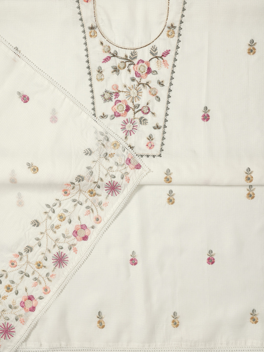 White Embroidered Silk blend Dress Material With Dupatta