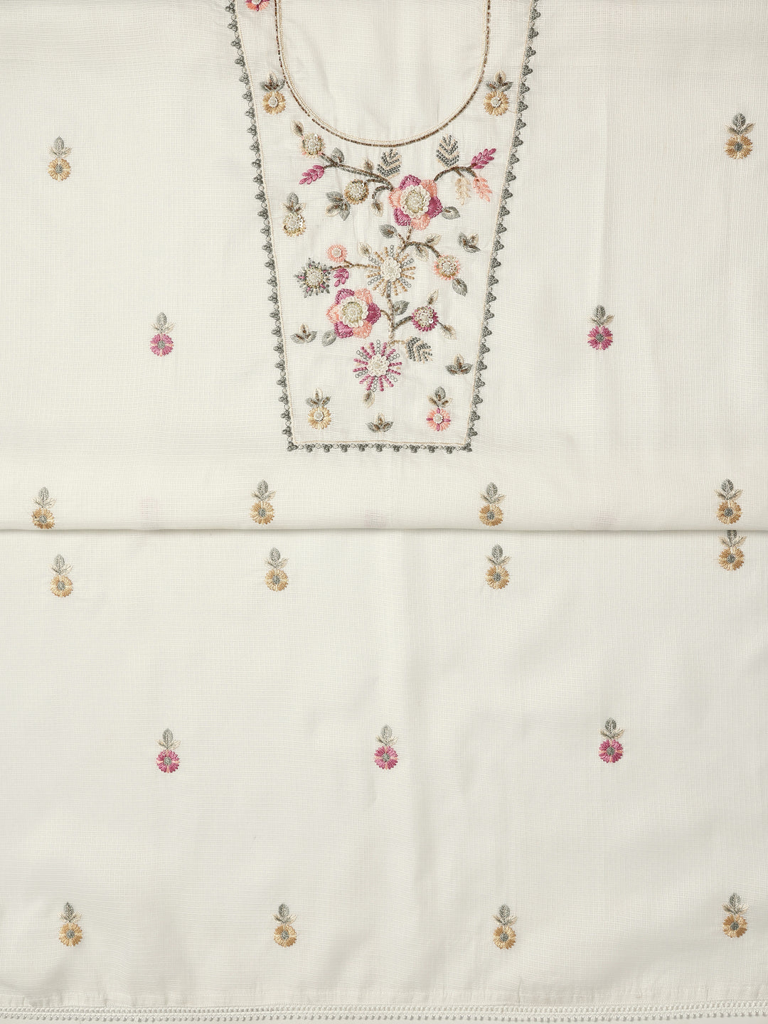 White Embroidered Silk blend Dress Material With Dupatta