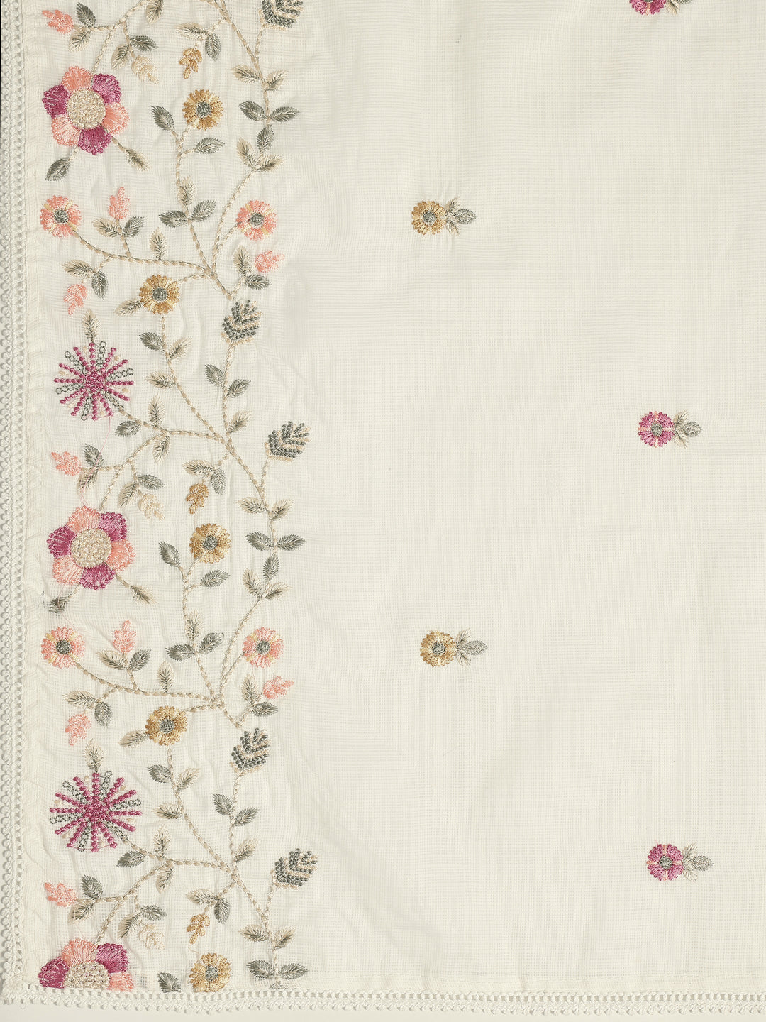 White Embroidered Silk blend Dress Material With Dupatta