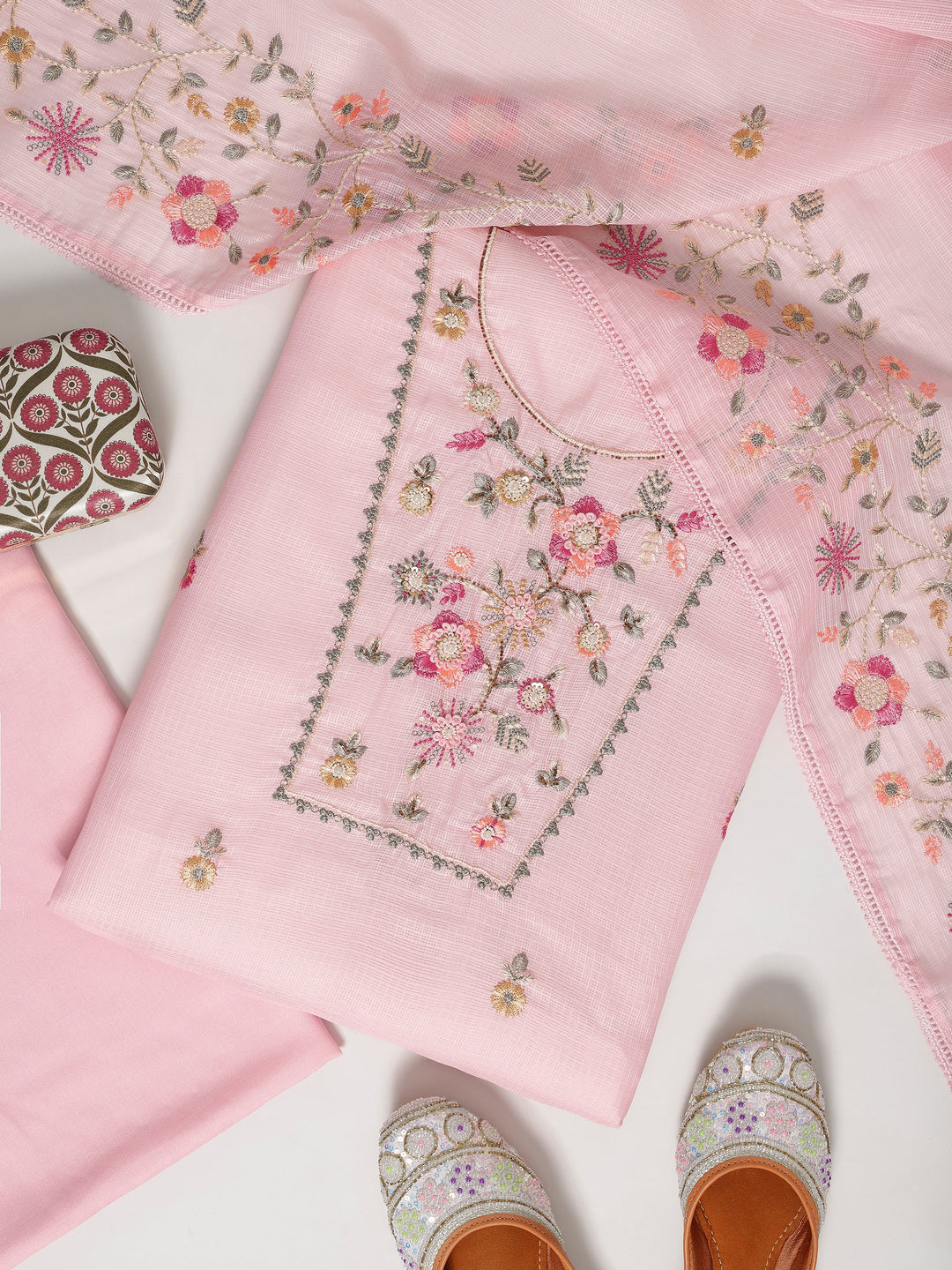 Pink Embroidered Silk blend Dress Material With Dupatta