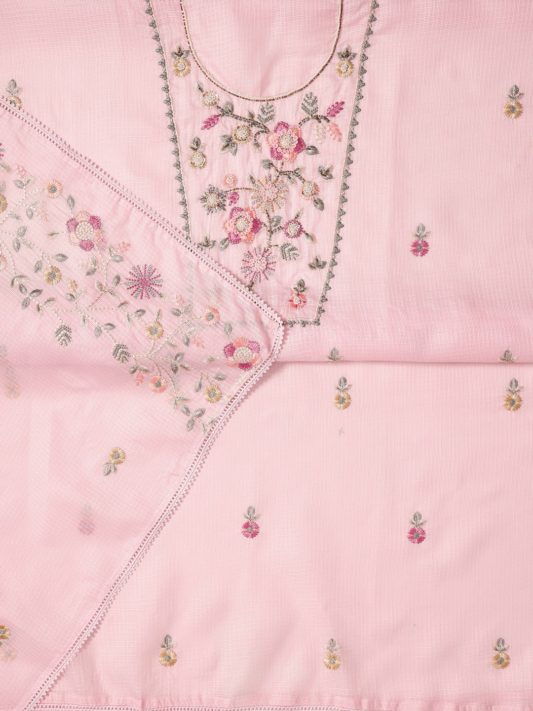 Pink Embroidered Silk blend Dress Material With Dupatta