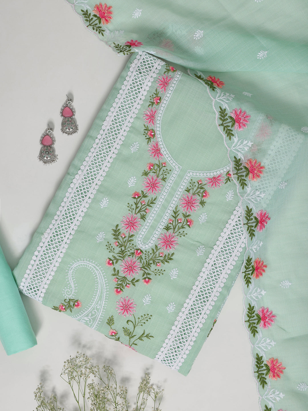 Green Embroidered Silk blend Dress Material With Dupatta