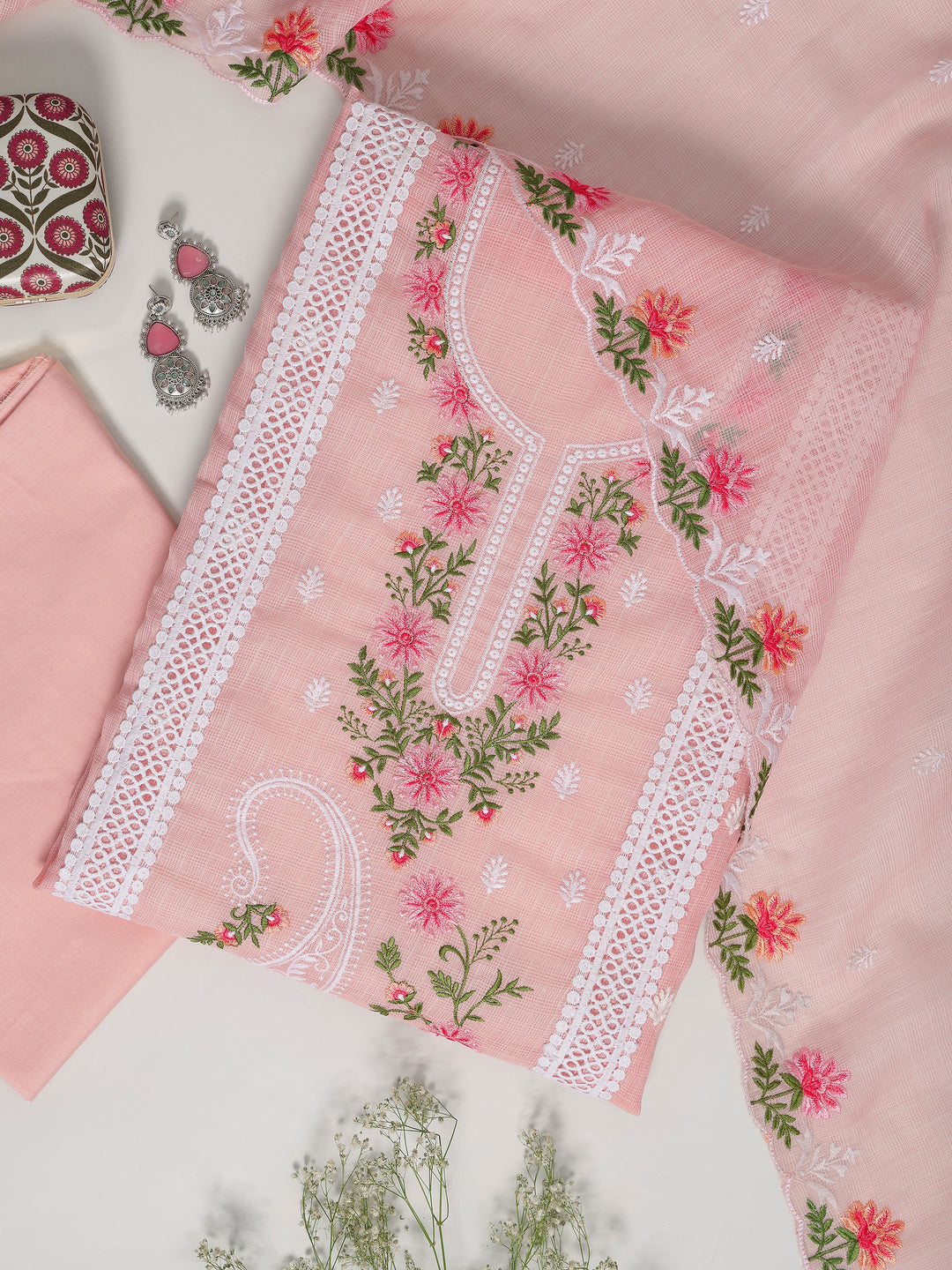 Pink Embroidered Silk blend Dress Material With Dupatta