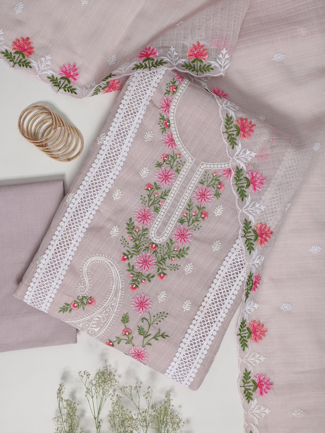 Mauve Embroidered Silk blend Dress Material With Dupatta