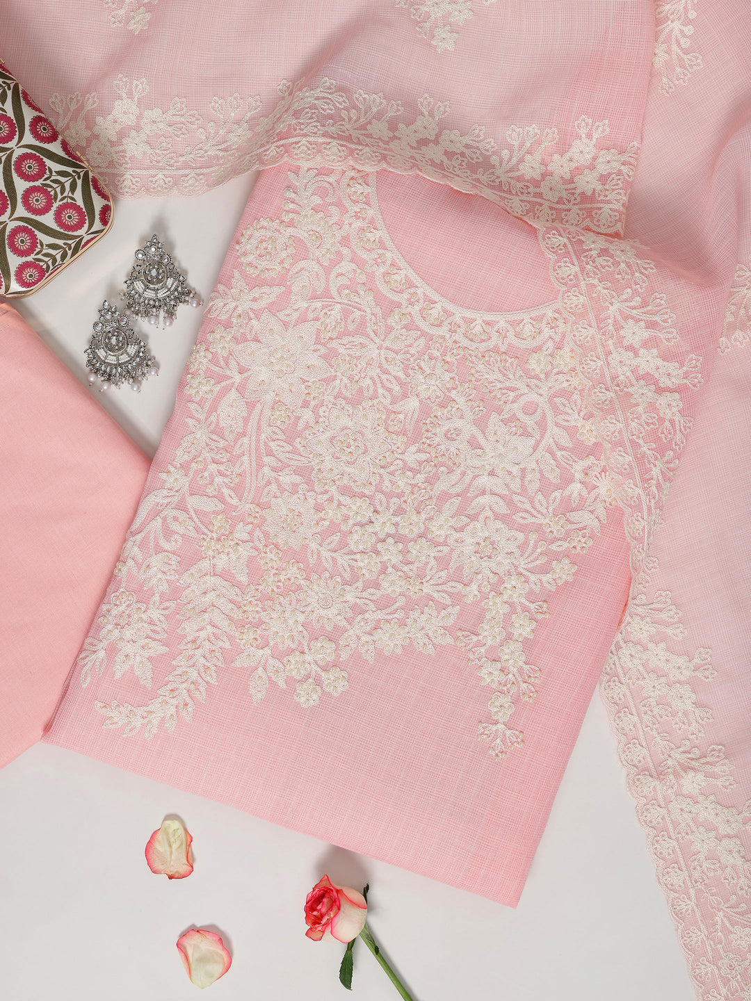 Pink Embroidered Silk blend Dress Material With Dupatta