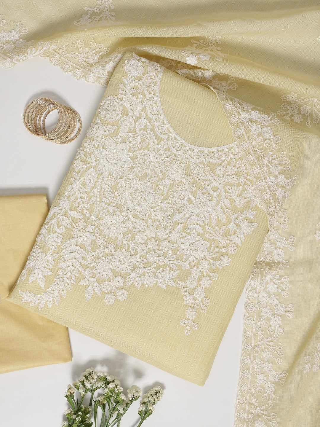 Yellow Embroidered Silk blend Dress Material With Dupatta