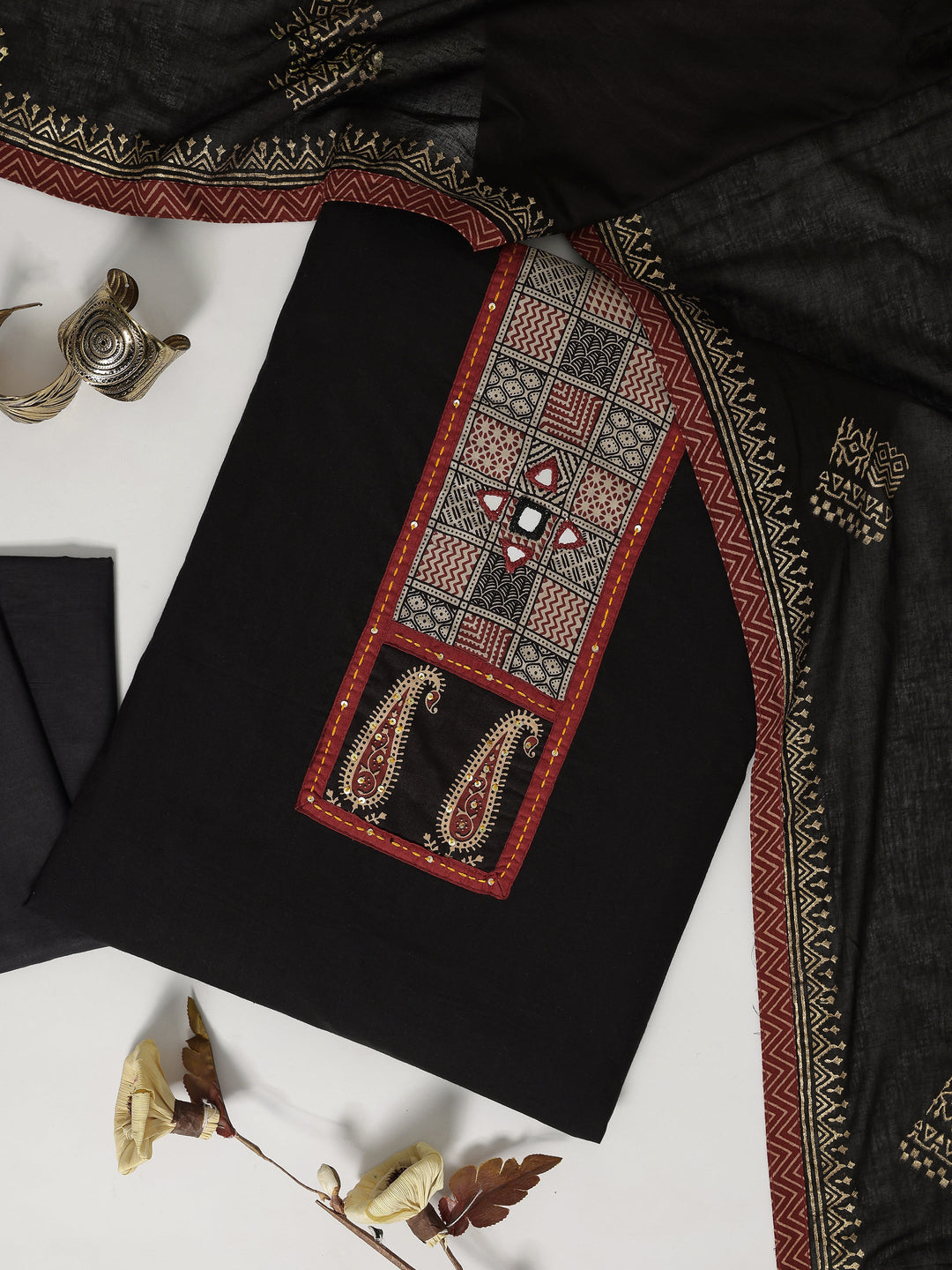 Black Printed Cotton Blend Dress Material With Dupatta