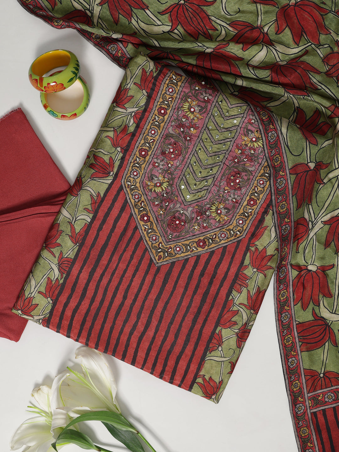 Olive Printed Muslin Dress Material With Dupatta