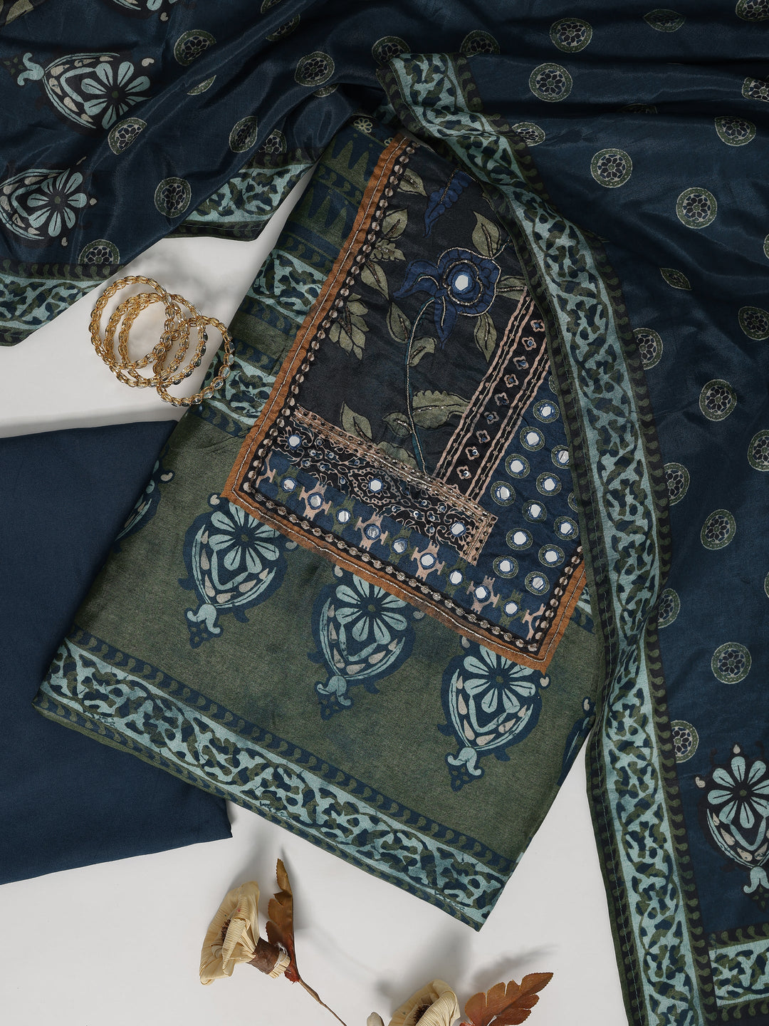 Green Printed Muslin Dress Material With Dupatta