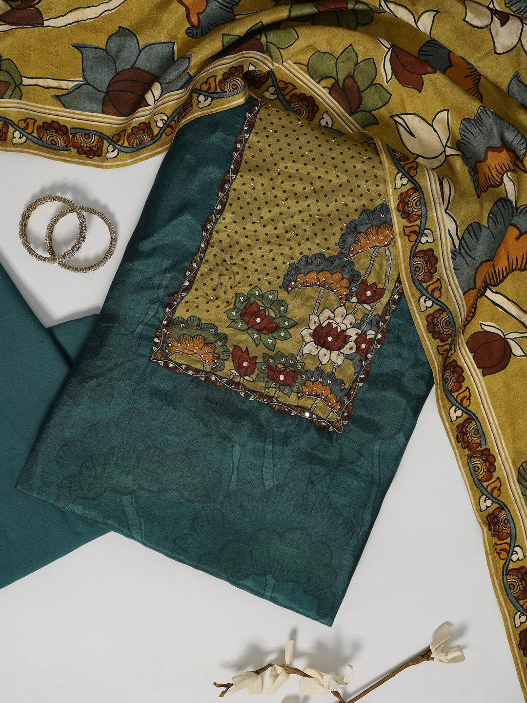 Teal Printed Muslin Dress Material With Dupatta