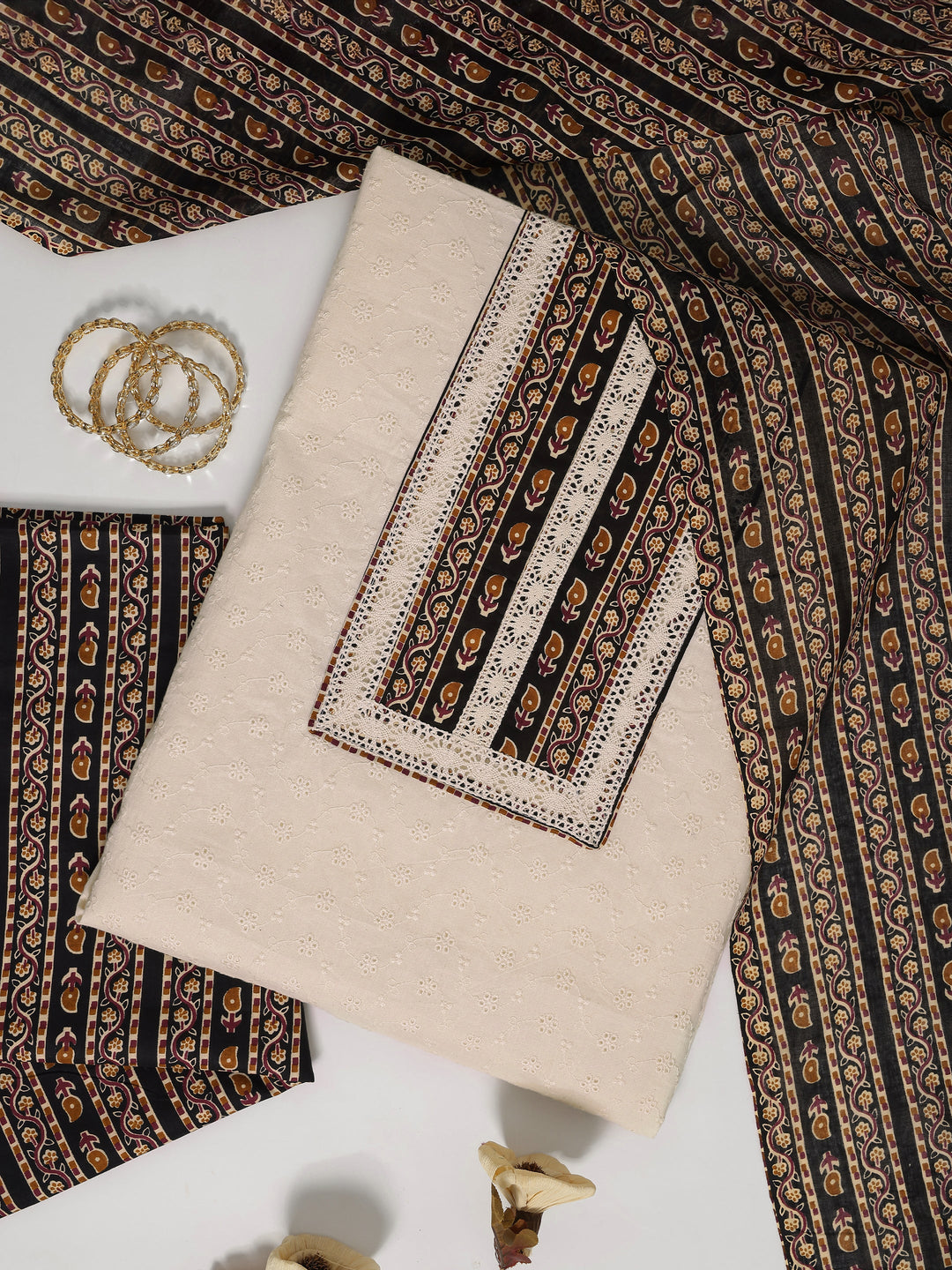 White Embroidered Cotton Dress Material With Dupatta