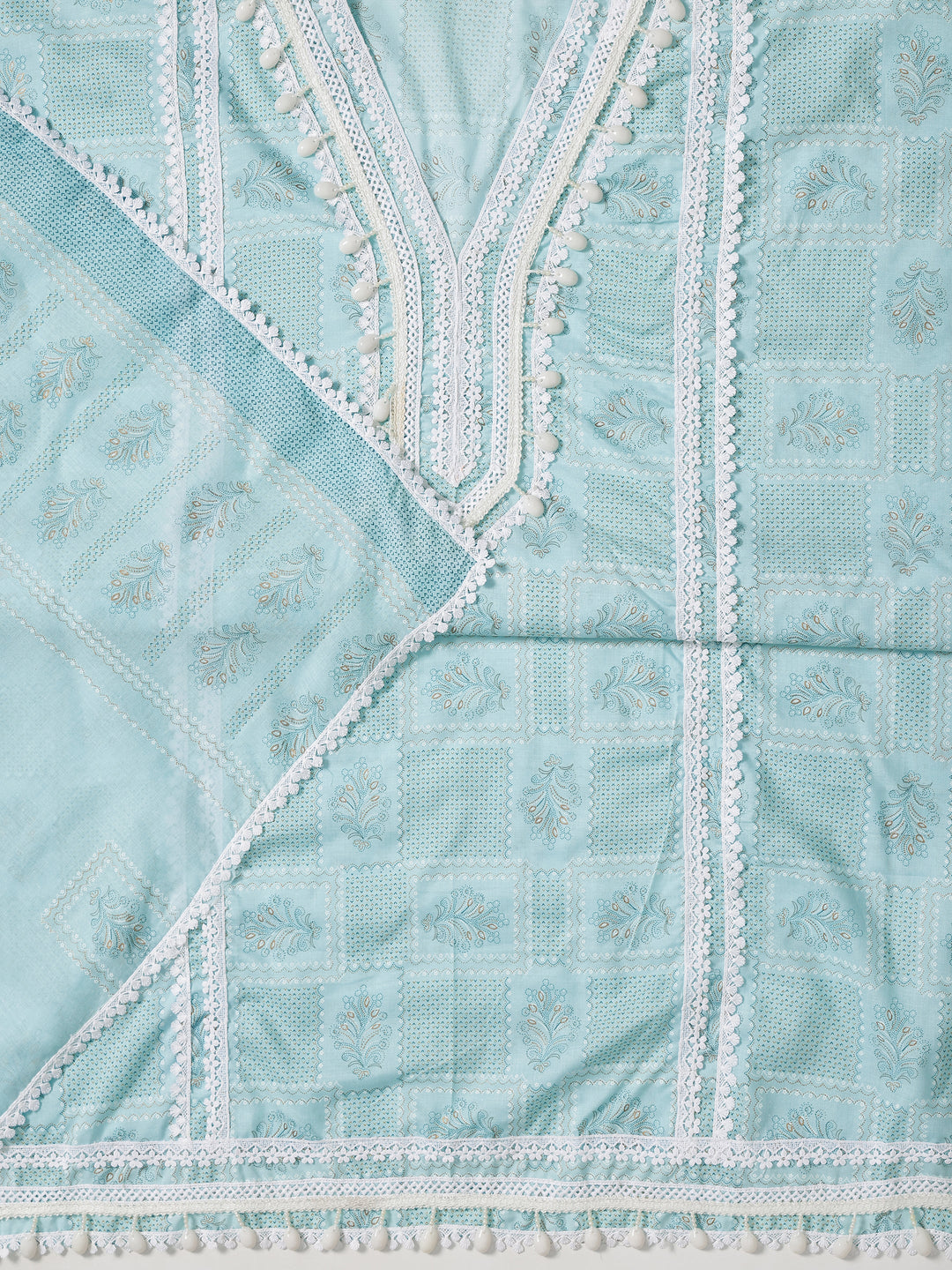 Blue Printed Cotton Blend Dress Material With Dupatta