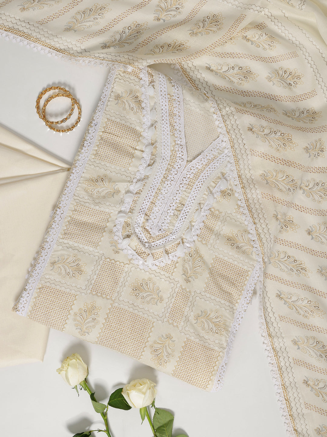 Cream Printed Cotton Blend Dress Material With Dupatta