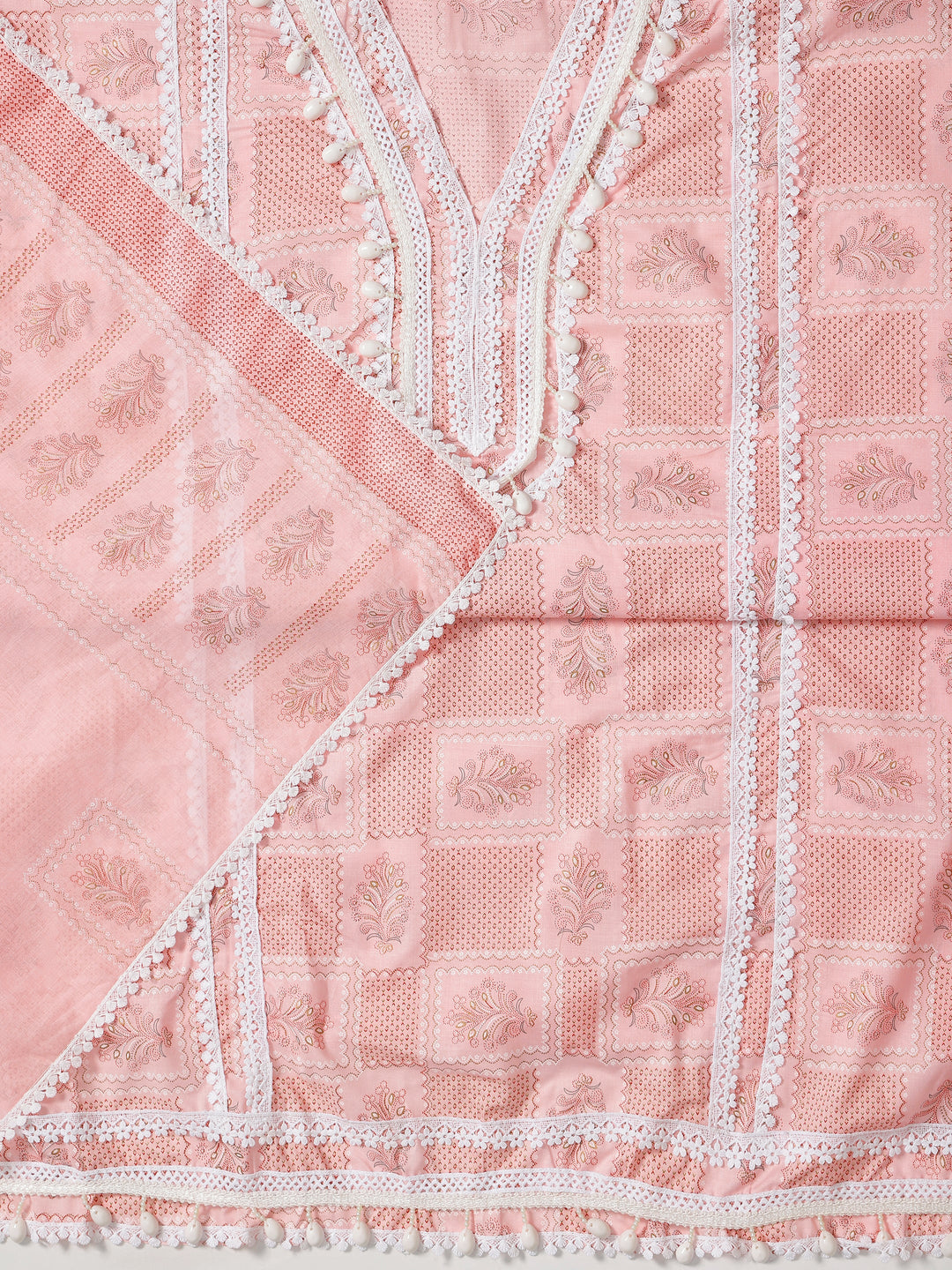 Peach Printed Cotton Blend Dress Material With Dupatta