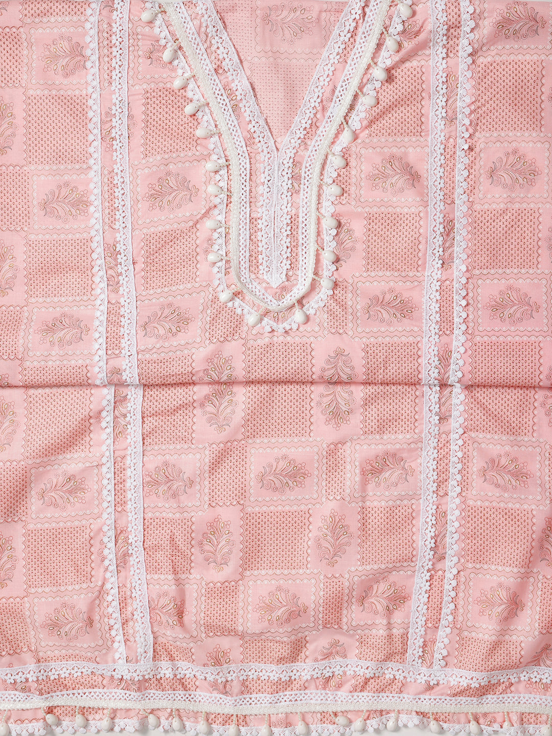 Peach Printed Cotton Blend Dress Material With Dupatta