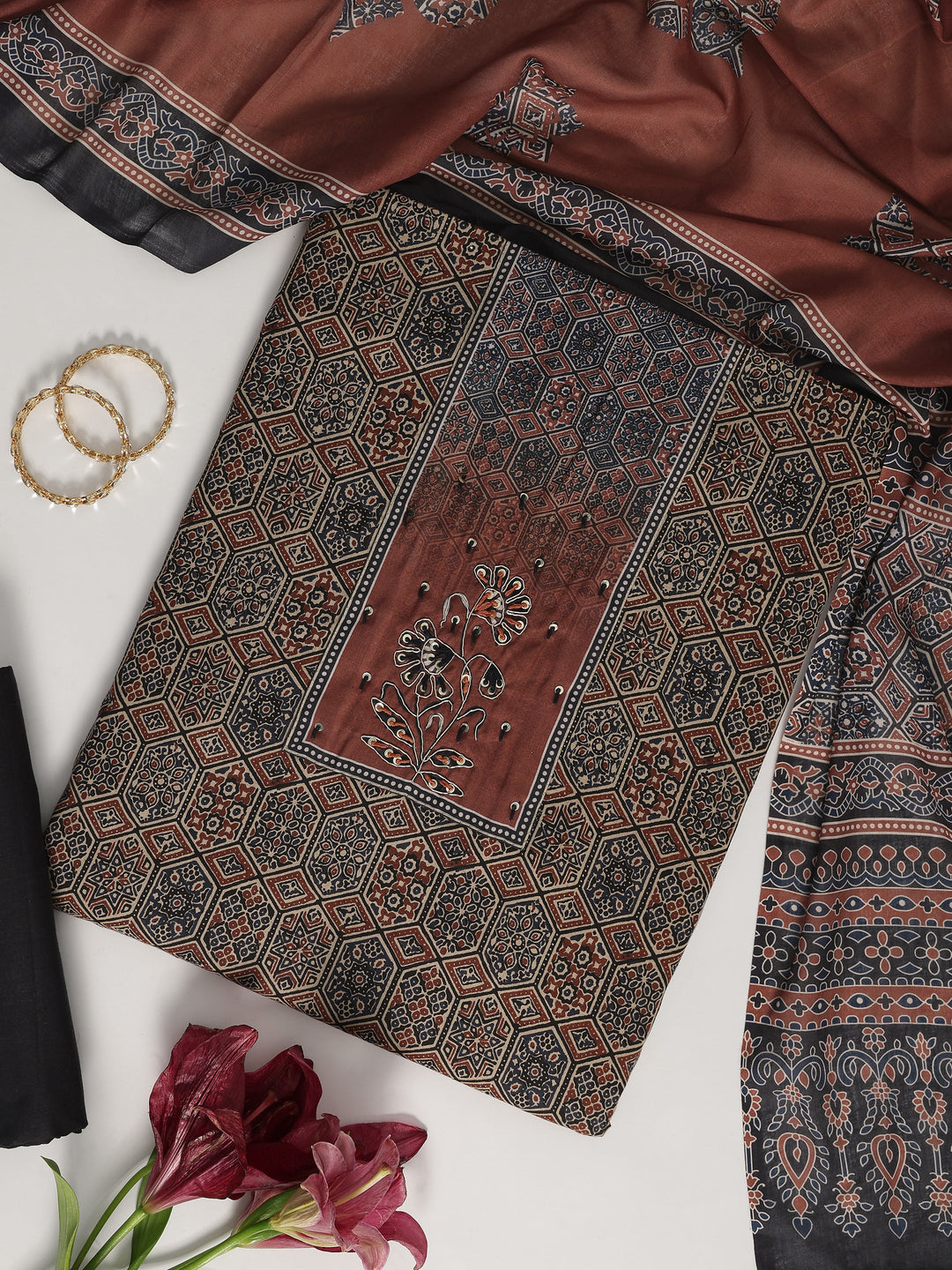 Maroon Printed Cotton Blend Dress Material With Dupatta