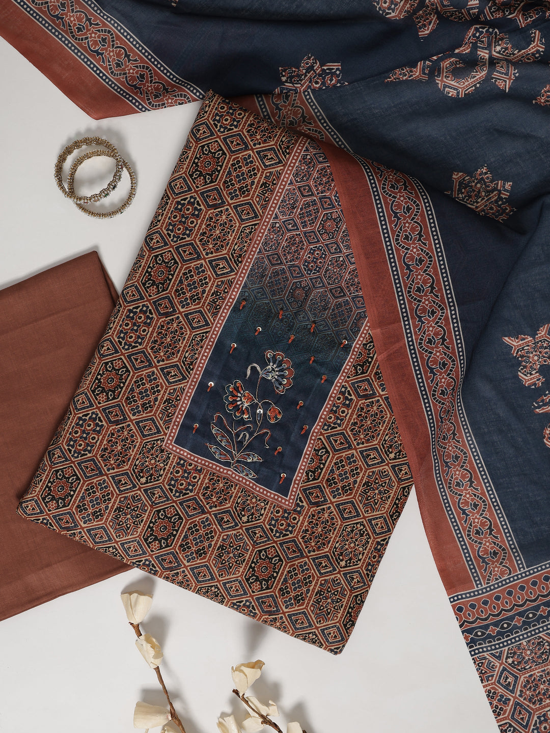 Brown Printed Cotton Blend Dress Material With Dupatta