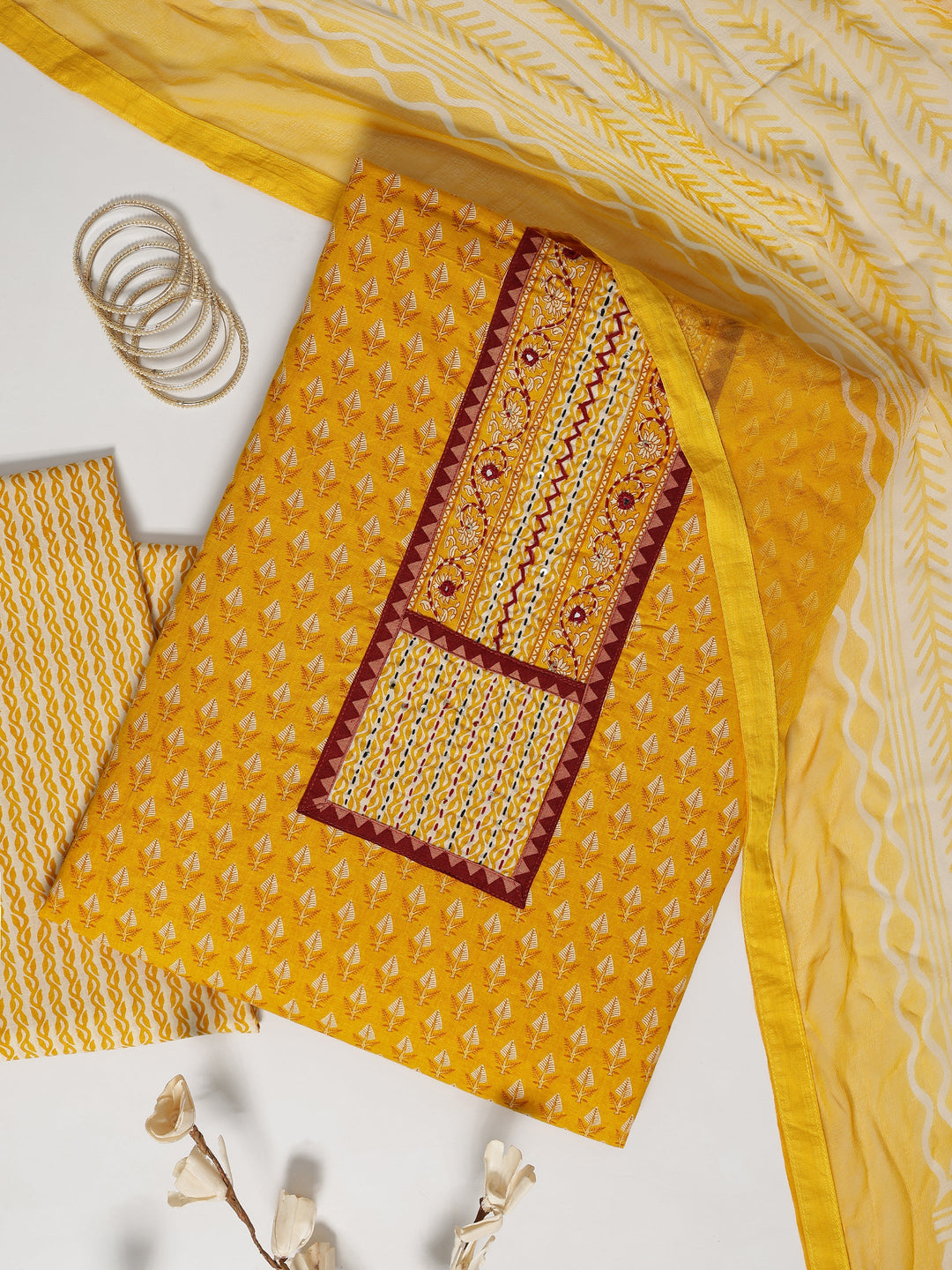 Mustard Printed Cotton Dress Material With Dupatta