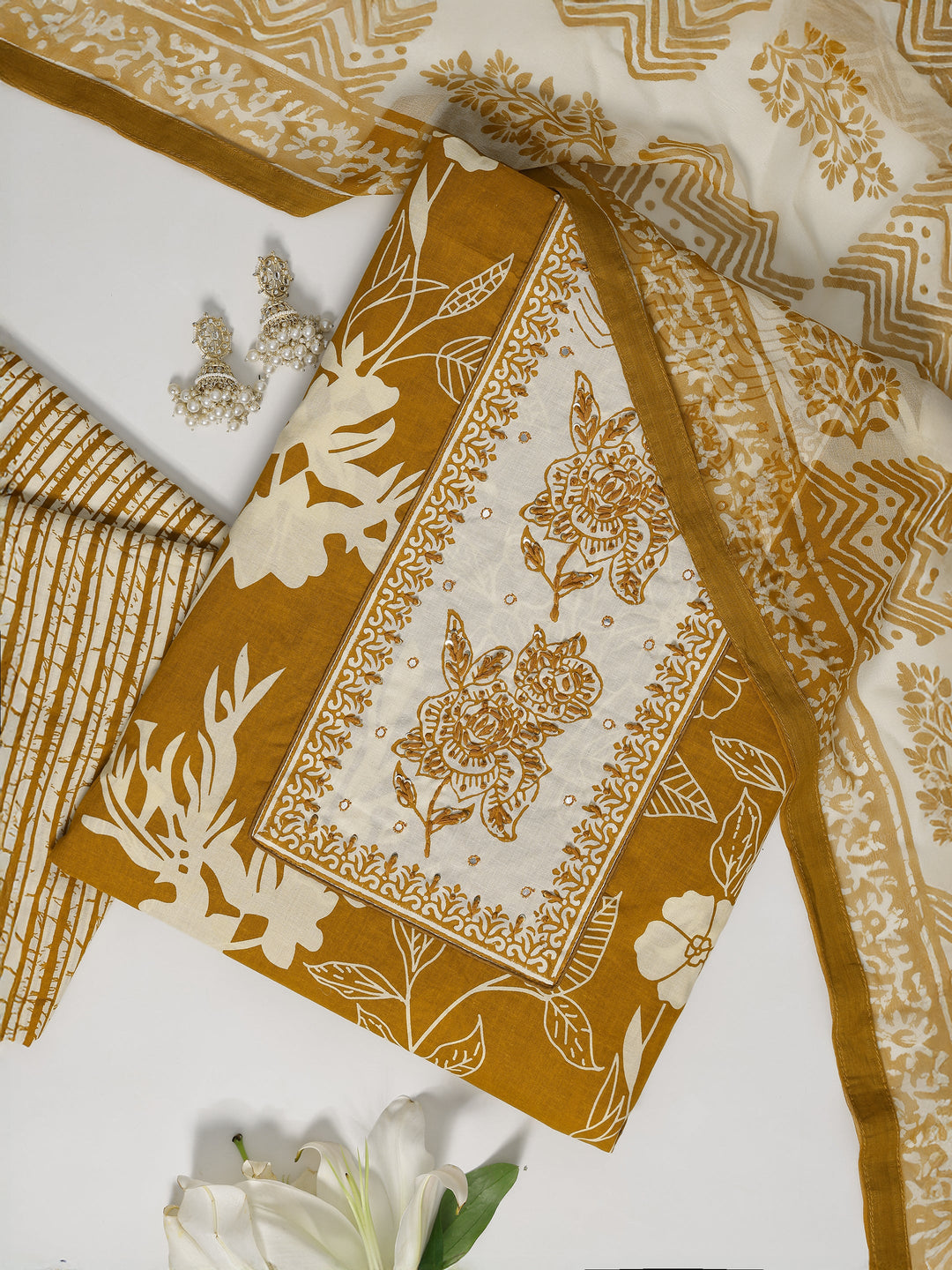 Mustard Printed Cotton Dress Material With Dupatta