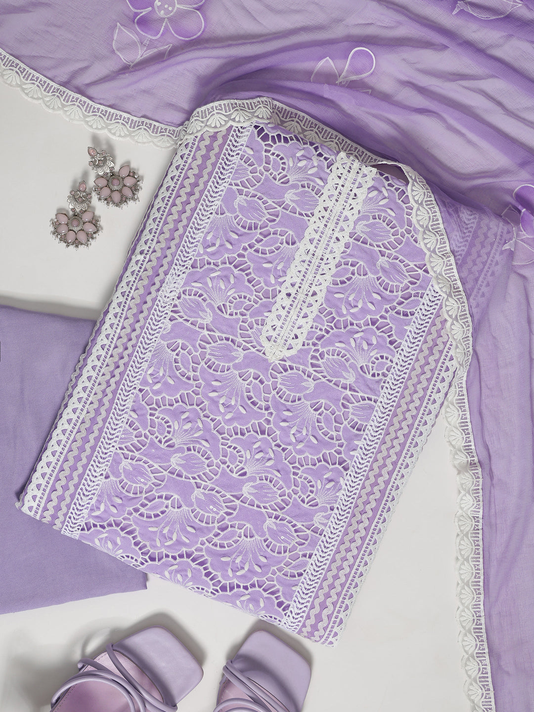 Lavender Embroidered Organza Dress Material With Dupatta
