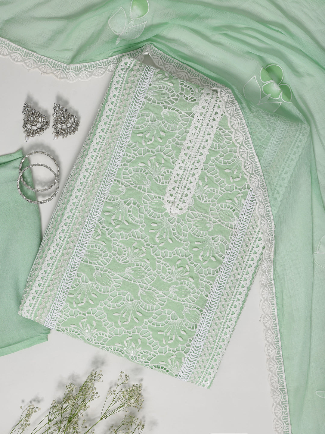 Green Embroidered Organza Dress Material With Dupatta