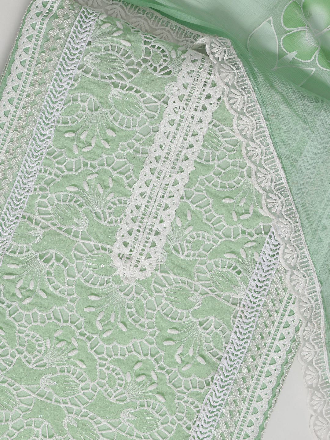 Green Embroidered Organza Dress Material With Dupatta