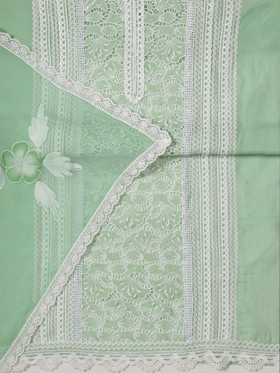 Green Embroidered Organza Dress Material With Dupatta