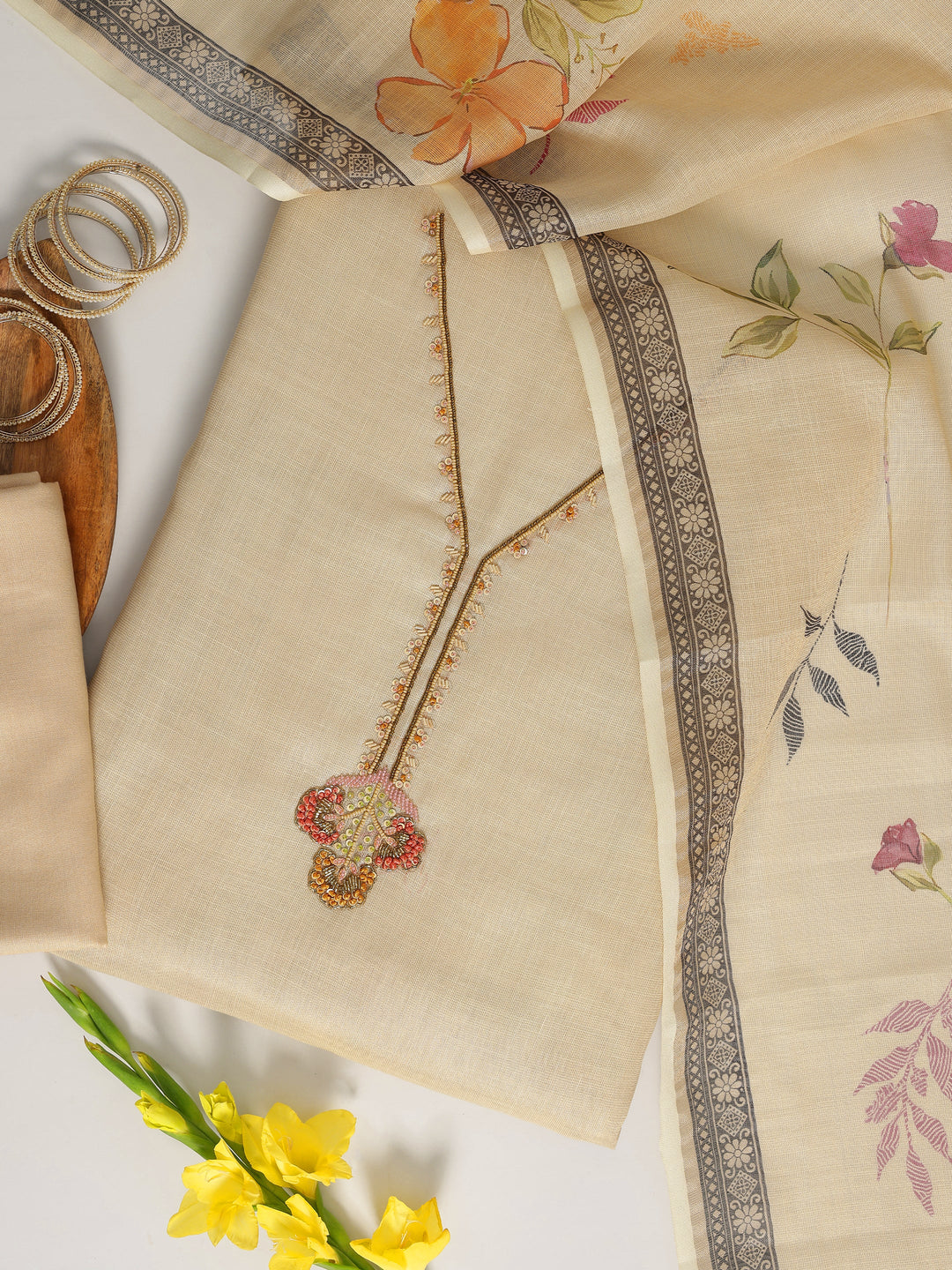 Beige Embellished Cotton Blend Dress Material With Dupatta