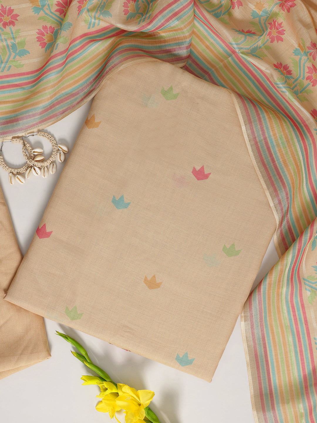 Beige Printed Cotton Blend Dress Material With Dupatta