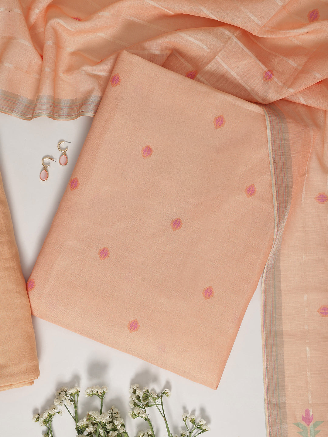 Peach Embellished Cotton Blend Dress Material With Dupatta