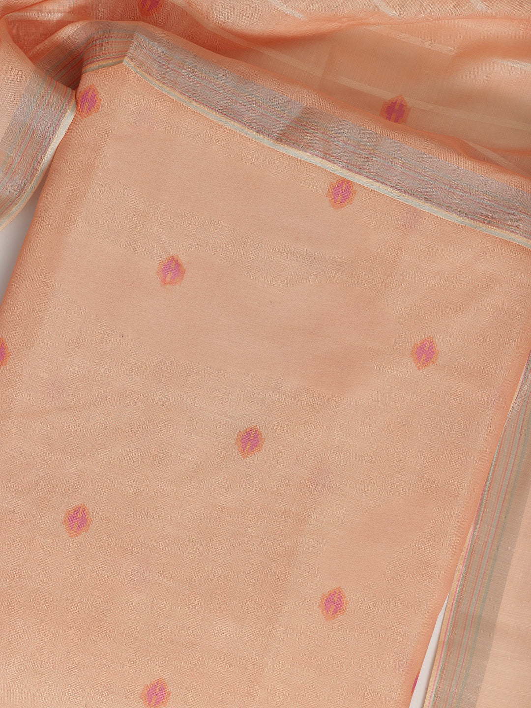 Peach Embellished Cotton Blend Dress Material With Dupatta