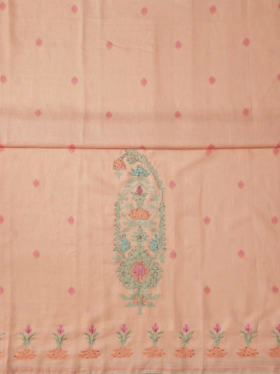 Peach Embellished Cotton Blend Dress Material With Dupatta
