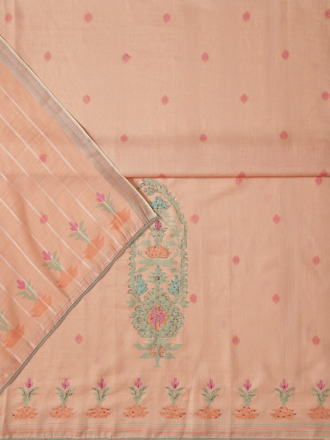 Peach Embellished Cotton Blend Dress Material With Dupatta