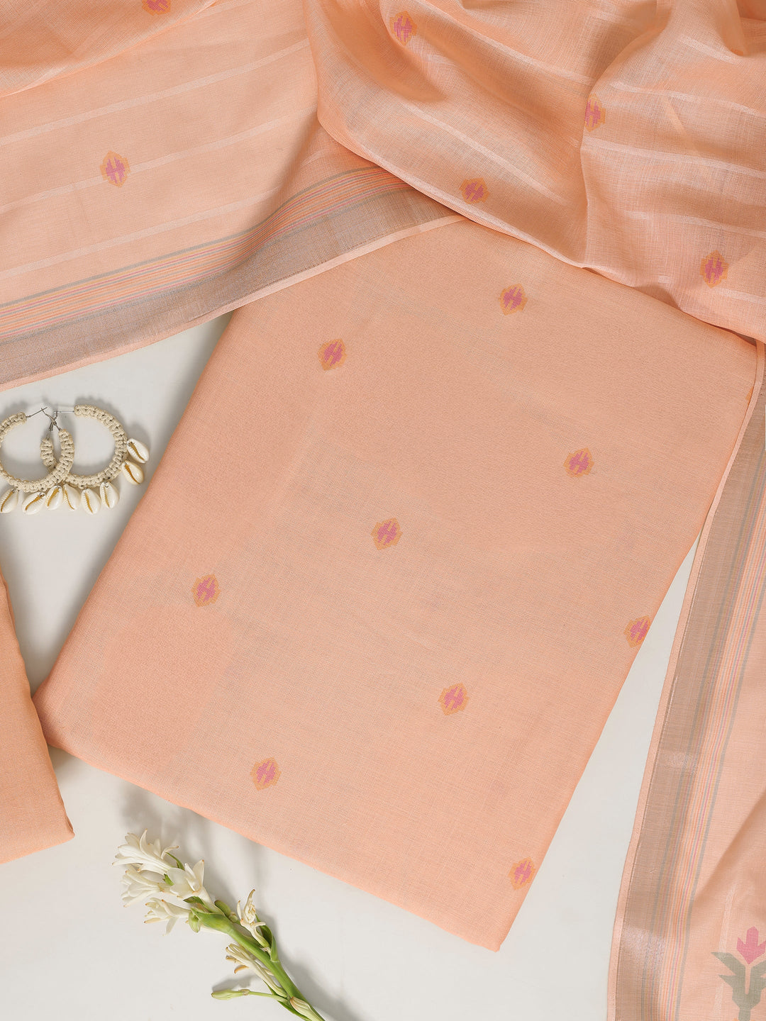 Pink Embellished Cotton Blend Dress Material With Dupatta