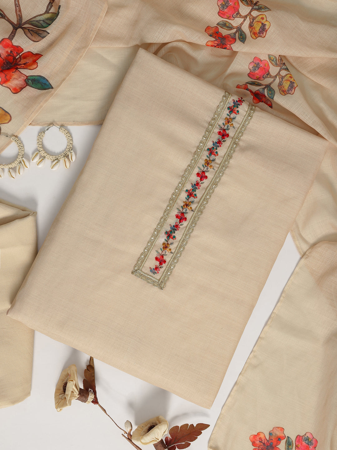 Beige Printed Cotton Blend Dress Material With Dupatta