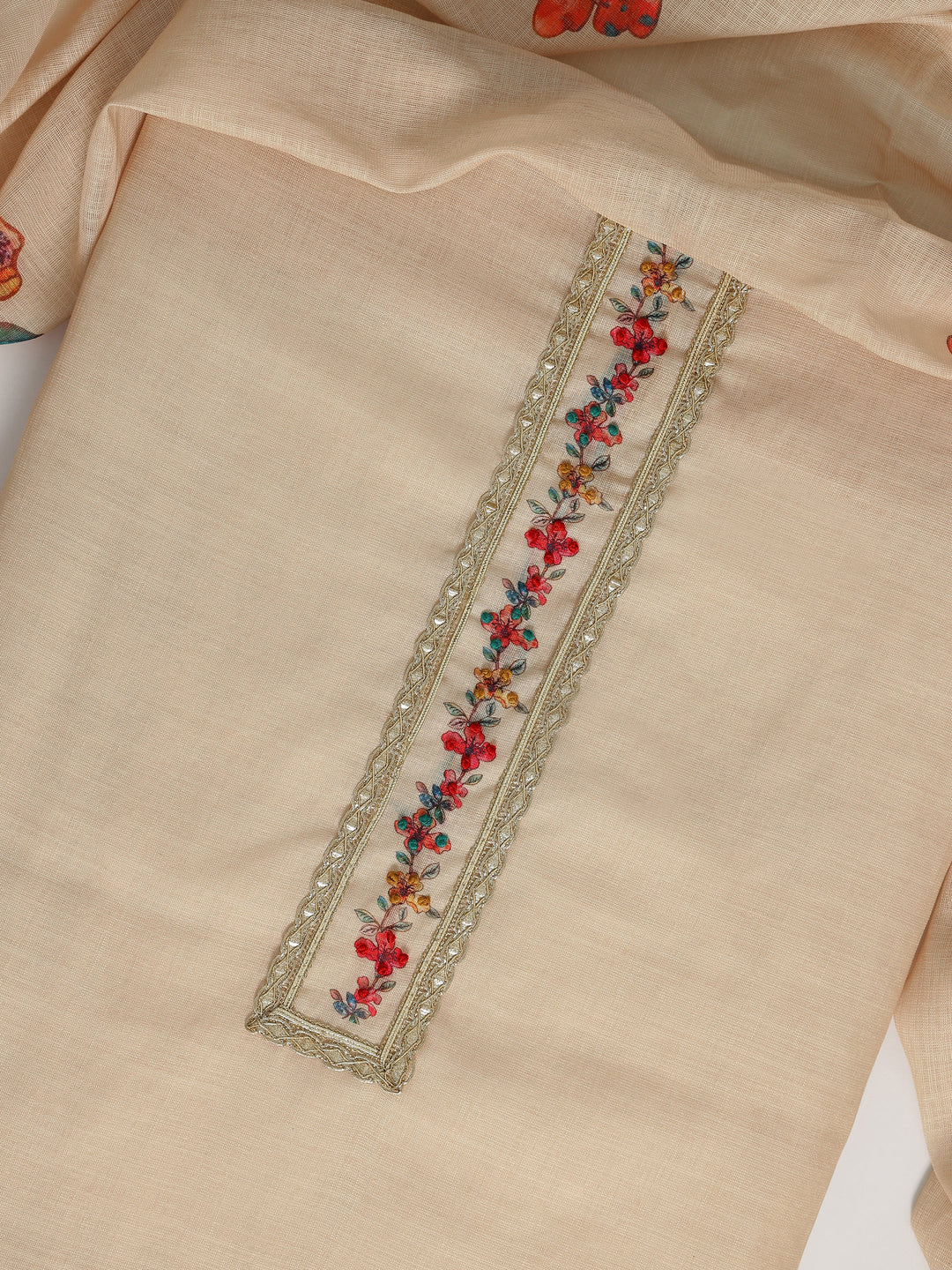 Beige Printed Cotton Blend Dress Material With Dupatta