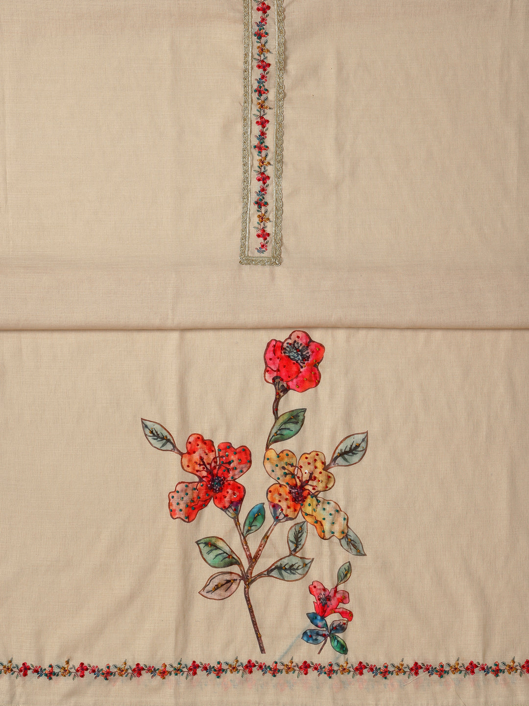 Beige Printed Cotton Blend Dress Material With Dupatta