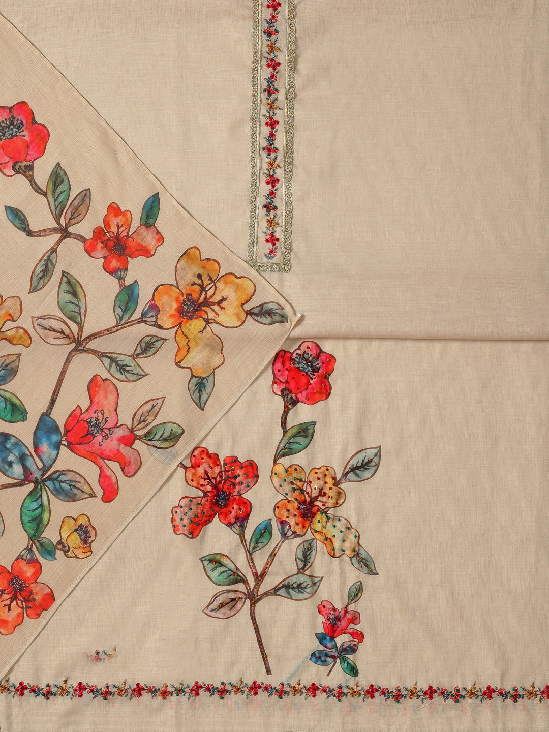 Beige Printed Cotton Blend Dress Material With Dupatta