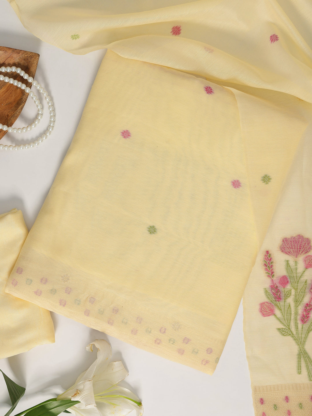 Yellow Woven Design Silk blend Dress Material With Dupatta