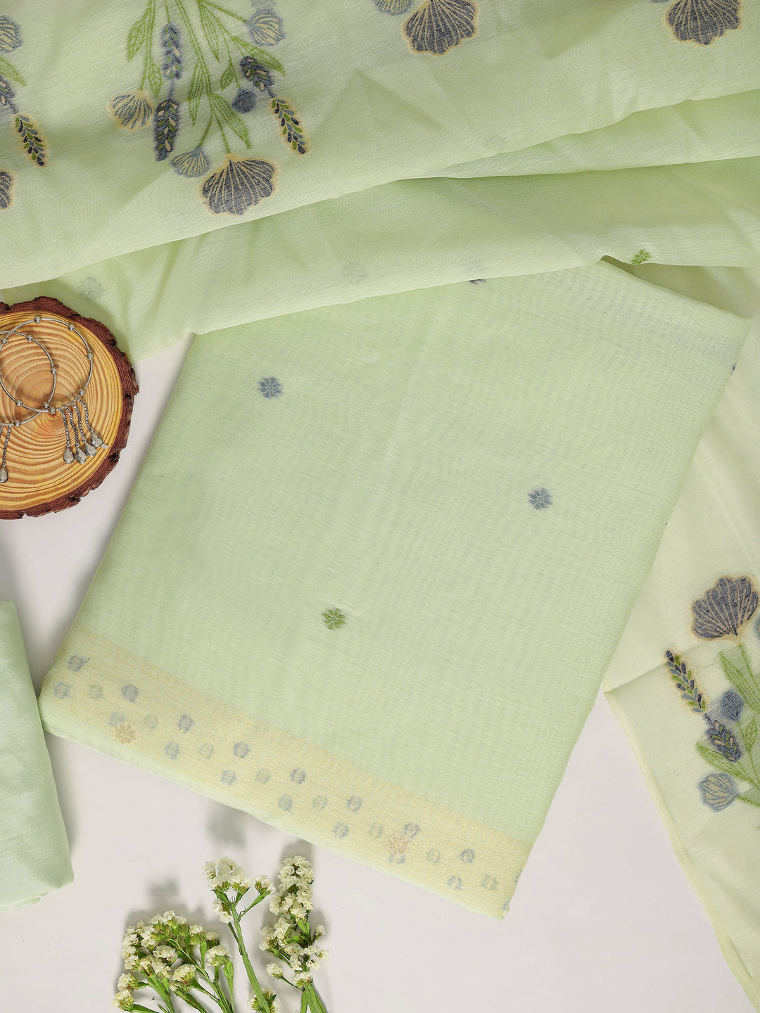 Green Woven Design Silk blend Dress Material With Dupatta