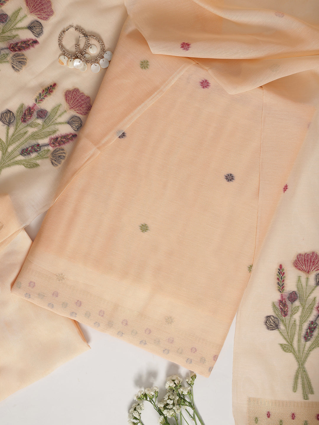 Peach Woven Design Silk blend Dress Material With Dupatta