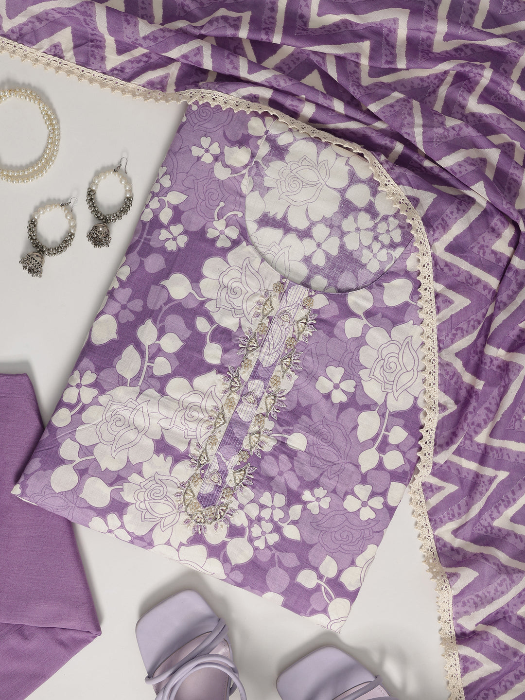 Purple Printed Cotton Dress Material With Dupatta