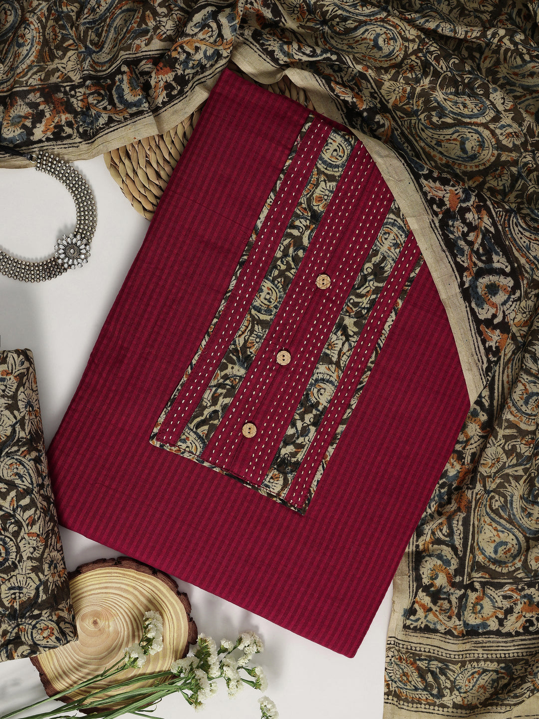 Red Printed Cotton Dress Material With Dupatta