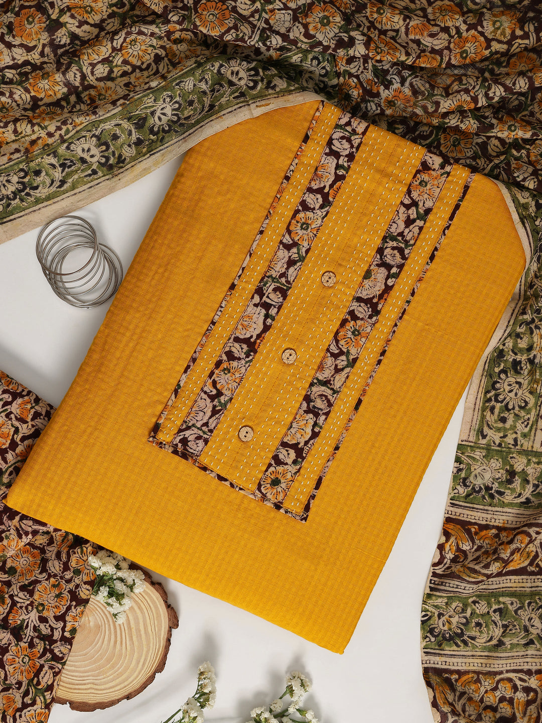 Mustard Printed Cotton Dress Material With Dupatta