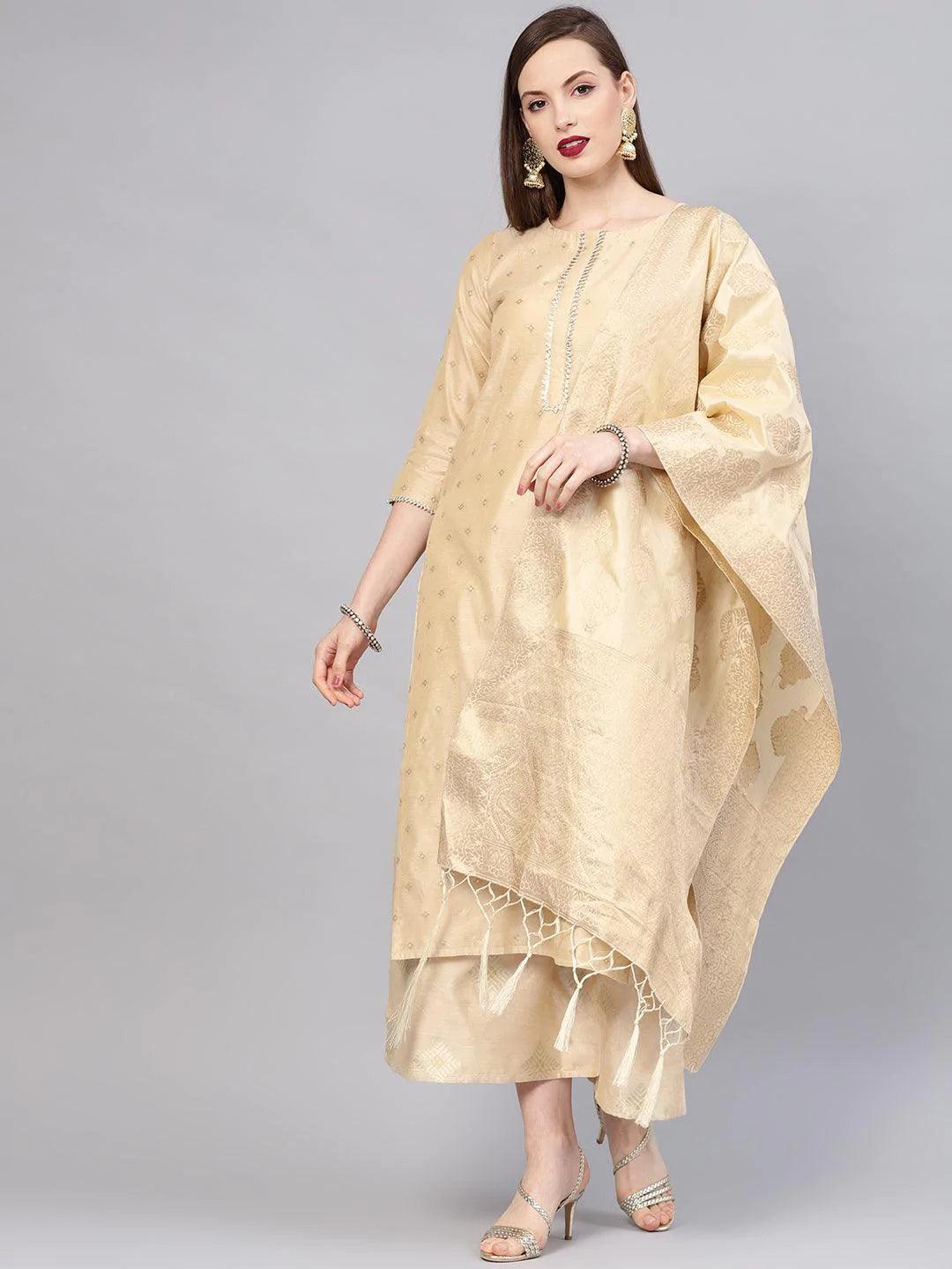 Beige Embroidered Chanderi Silk Straight Kurta With Palazzos & Dupatta