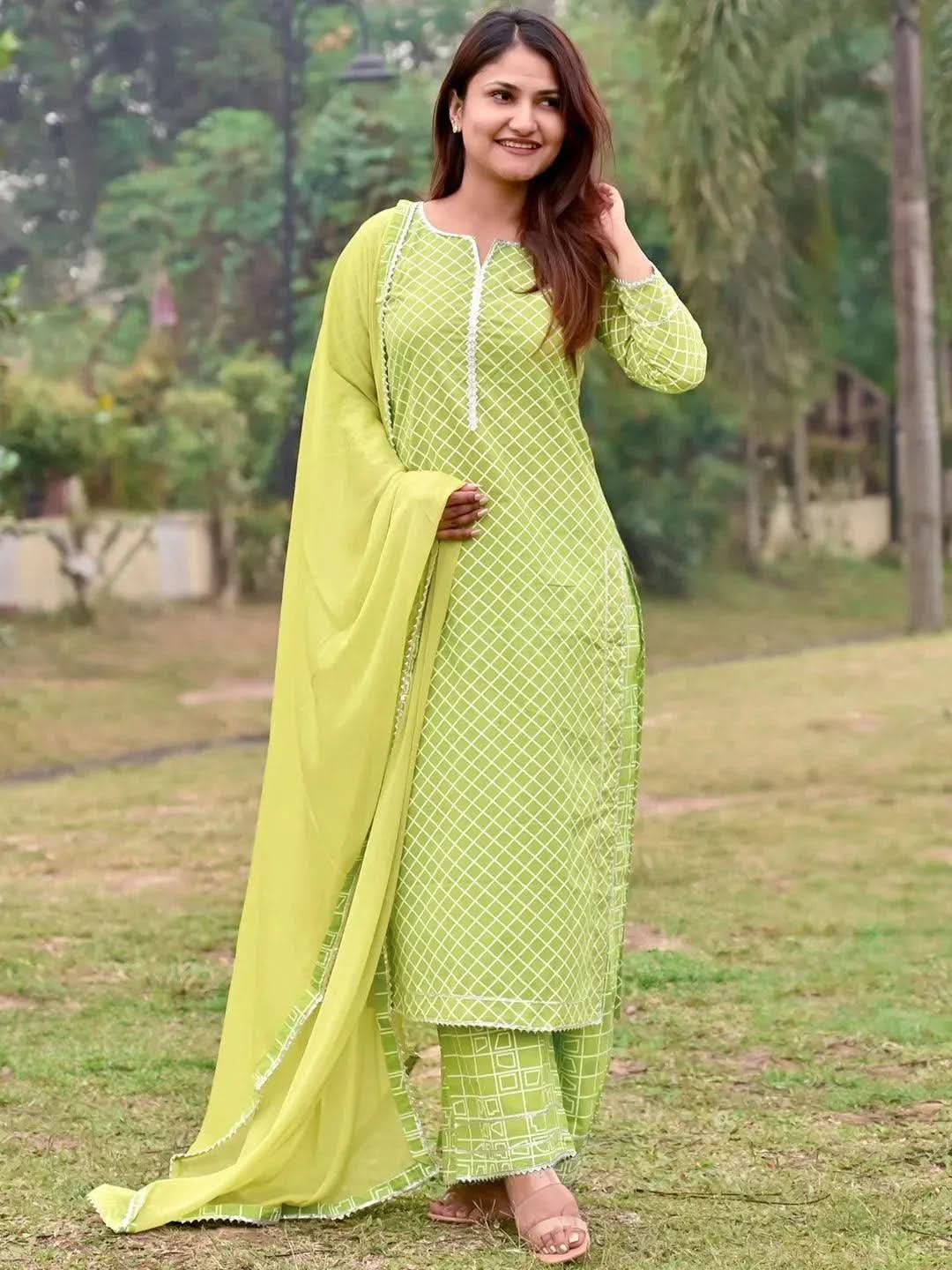 Green Printed Cotton Straight Kurta With Palazzos & Dupatta - Libas